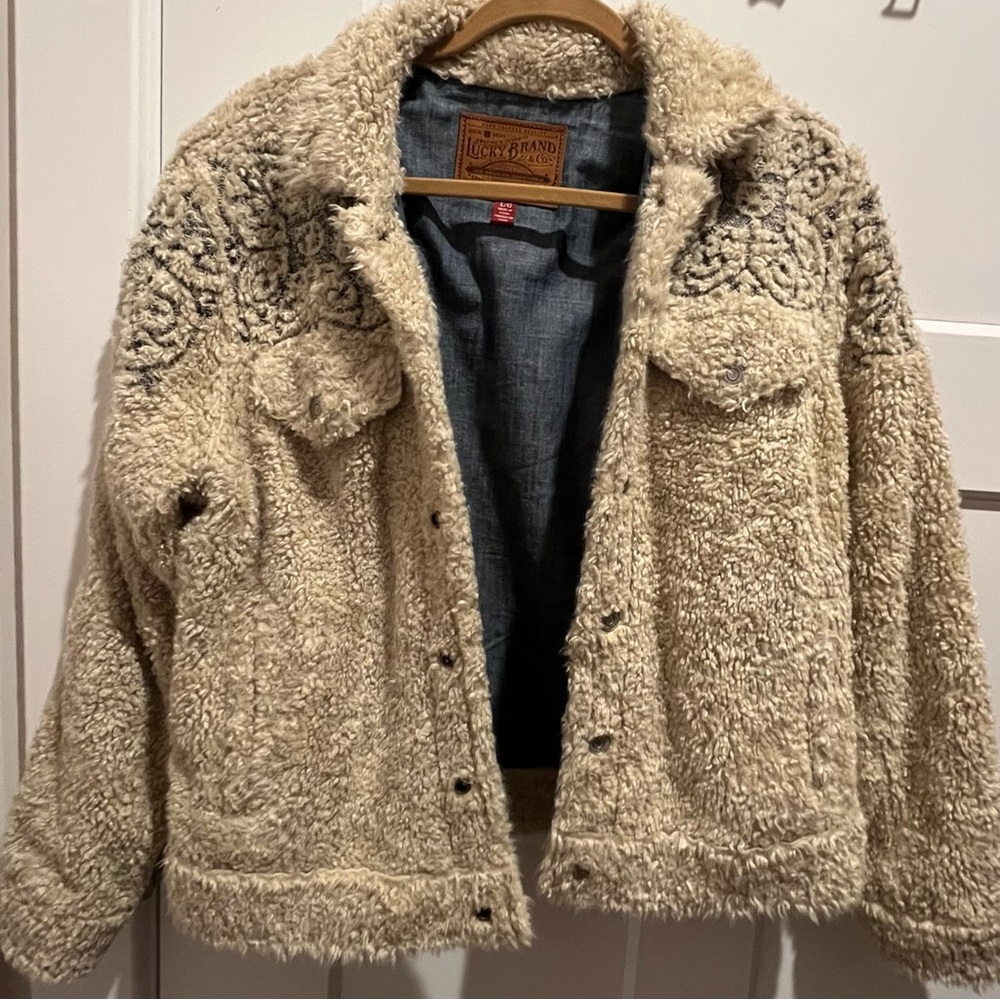 Lucky Brand Cream Sherpa Jacket with Embroidery (Like New)
